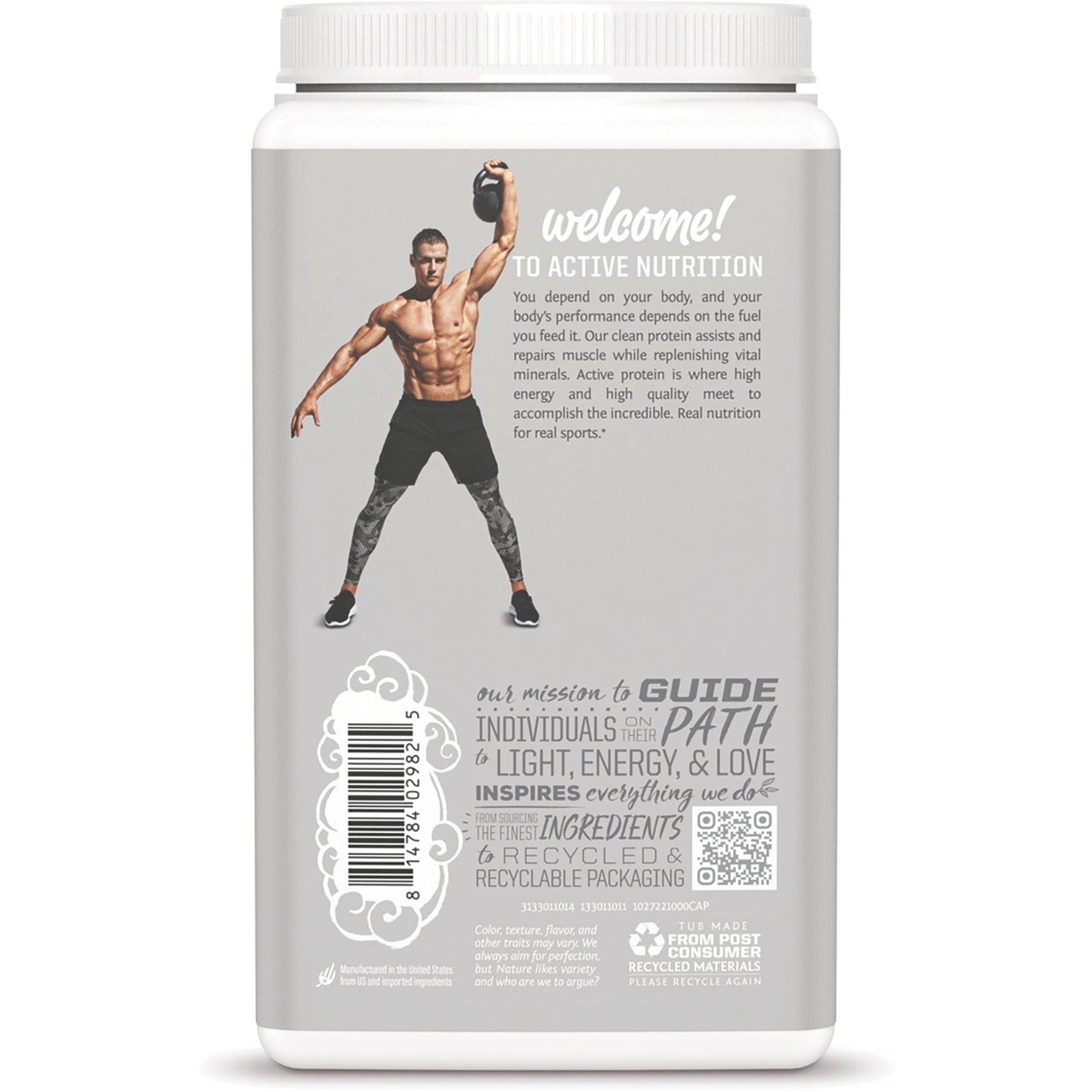 SNW044 | Back label with Welcome! to Active Nutrition mission text, barcode, and QR code