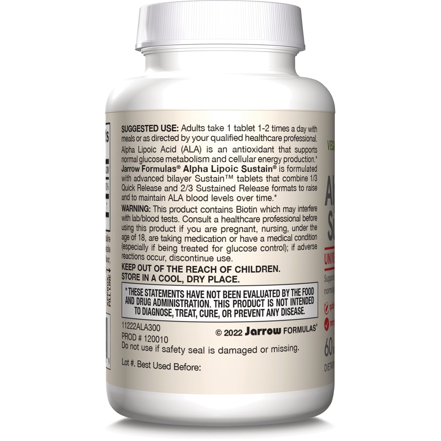 JR004 | Back label of white supplement bottle showing suggested use, warnings, and FDA disclaimer