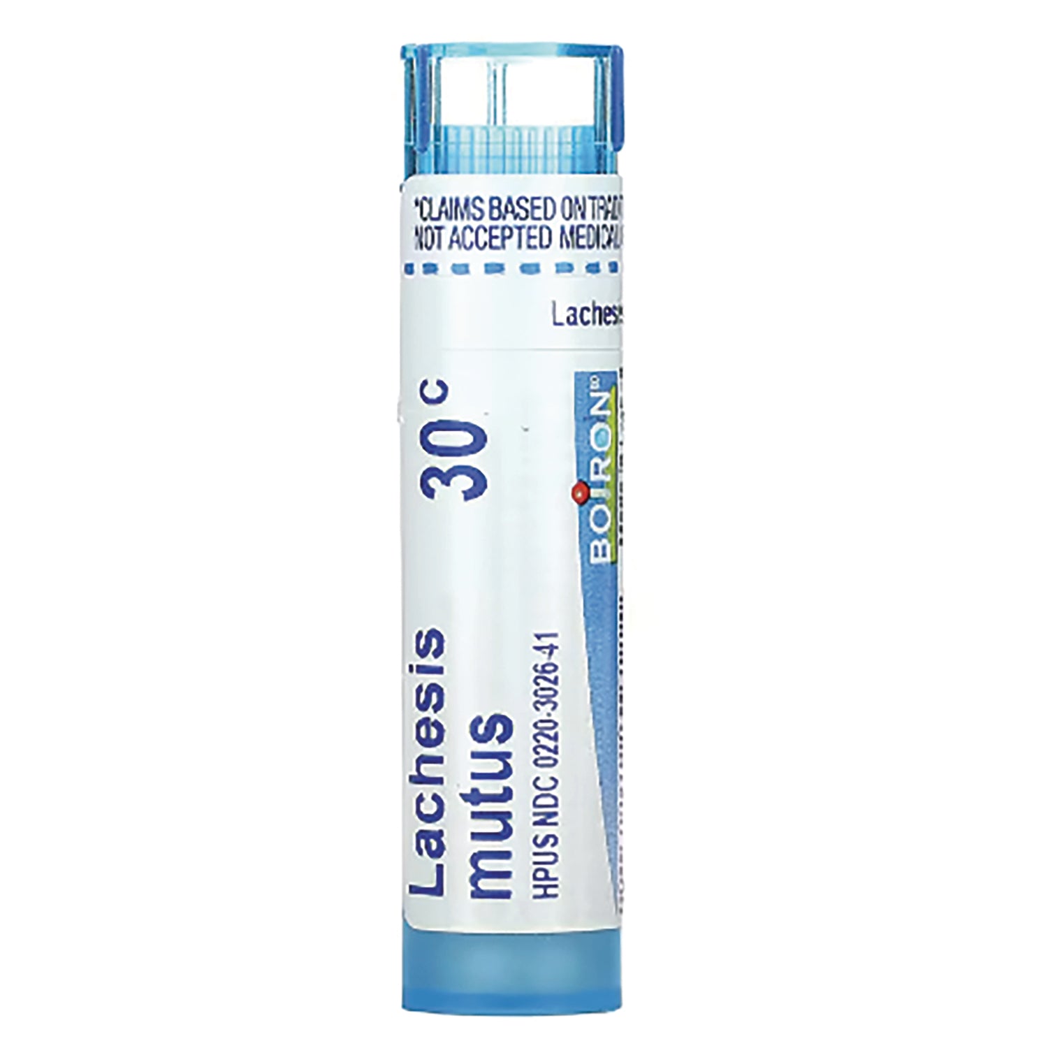 BRN062 | White and blue tube of Lachesis mutus 30C homeopathic pellets labeled BOIRON