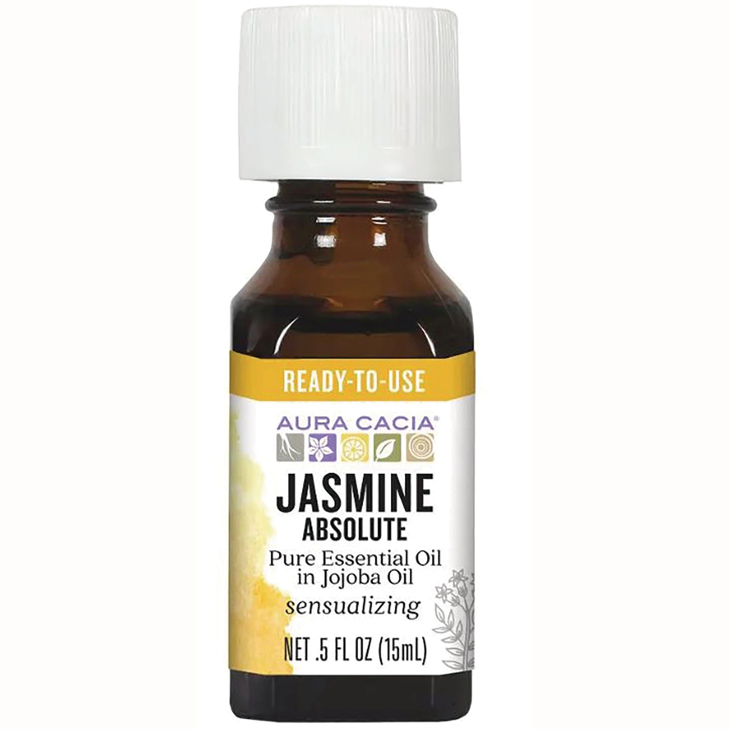 ARC035 | Amber 0.5 fl oz bottle of Aura Cacia Jasmine Absolute pure essential oil in jojoba oil, front label