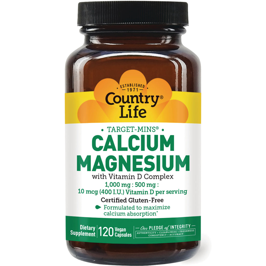 CRL260 | Country Life Calcium Magnesium with Vitamin D complex bottle, amber jar white label showing 120 vegan capsules - Thumbnail