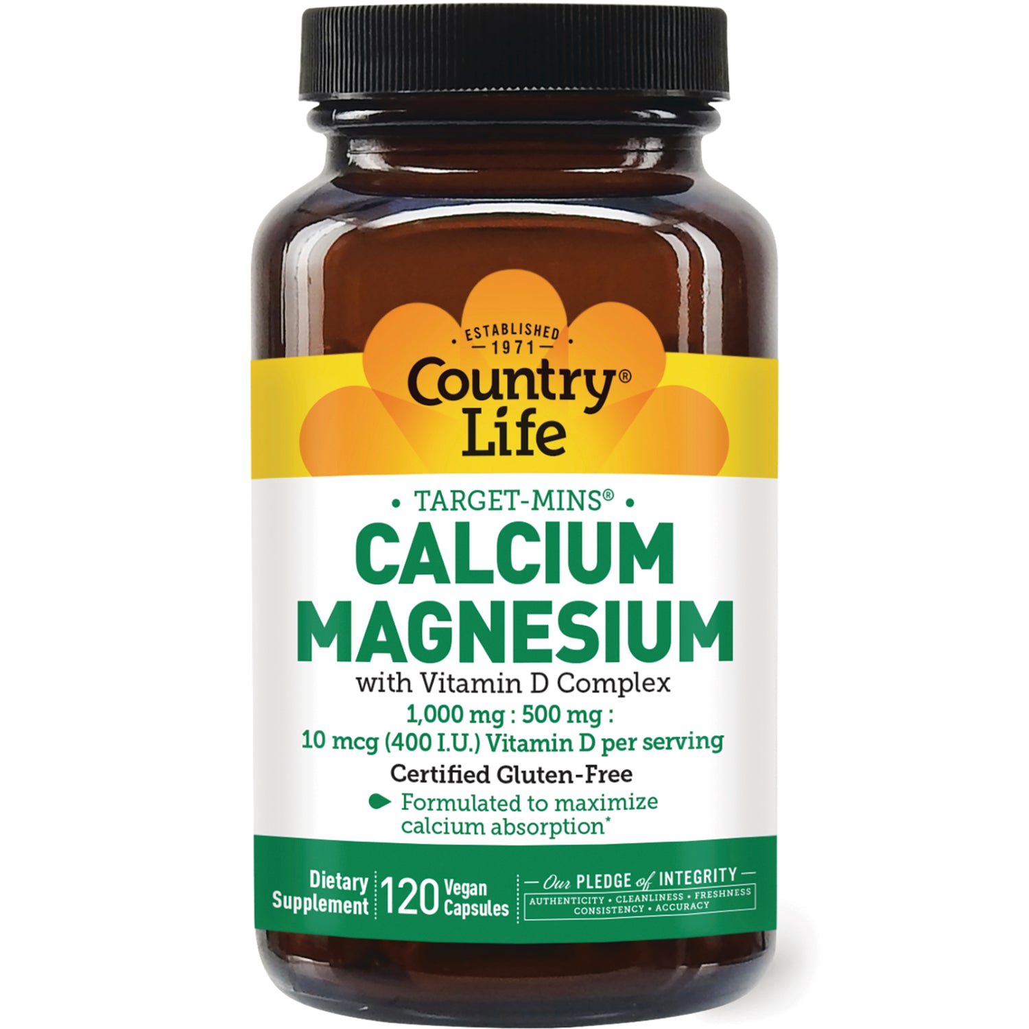 CRL260 | Country Life Calcium Magnesium with Vitamin D complex bottle, amber jar white label showing 120 vegan capsules