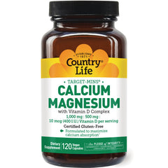 CRL260 | Country Life Calcium Magnesium with Vitamin D complex bottle, amber jar white label showing 120 vegan capsules