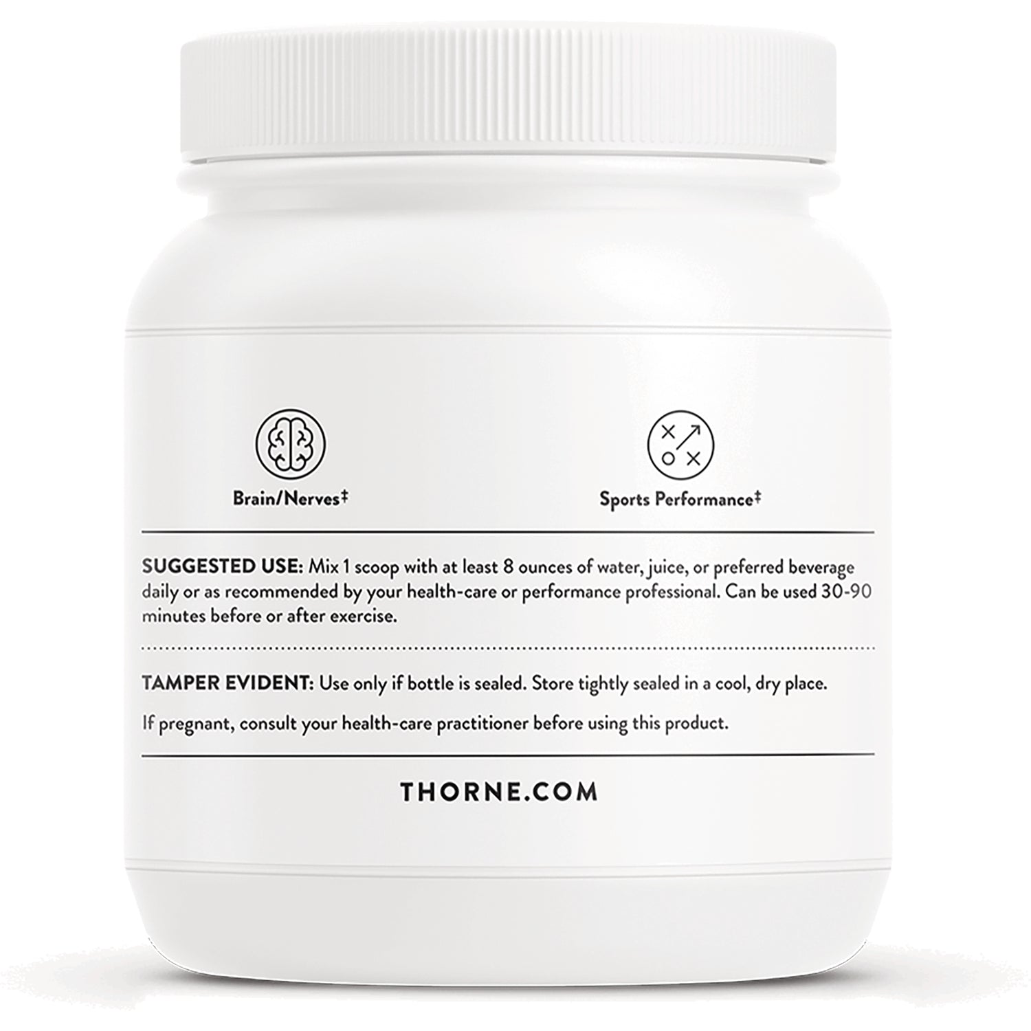 TRN001 | Back of white supplement jar showing suggested use, tamper evident info, and THORNE.COM