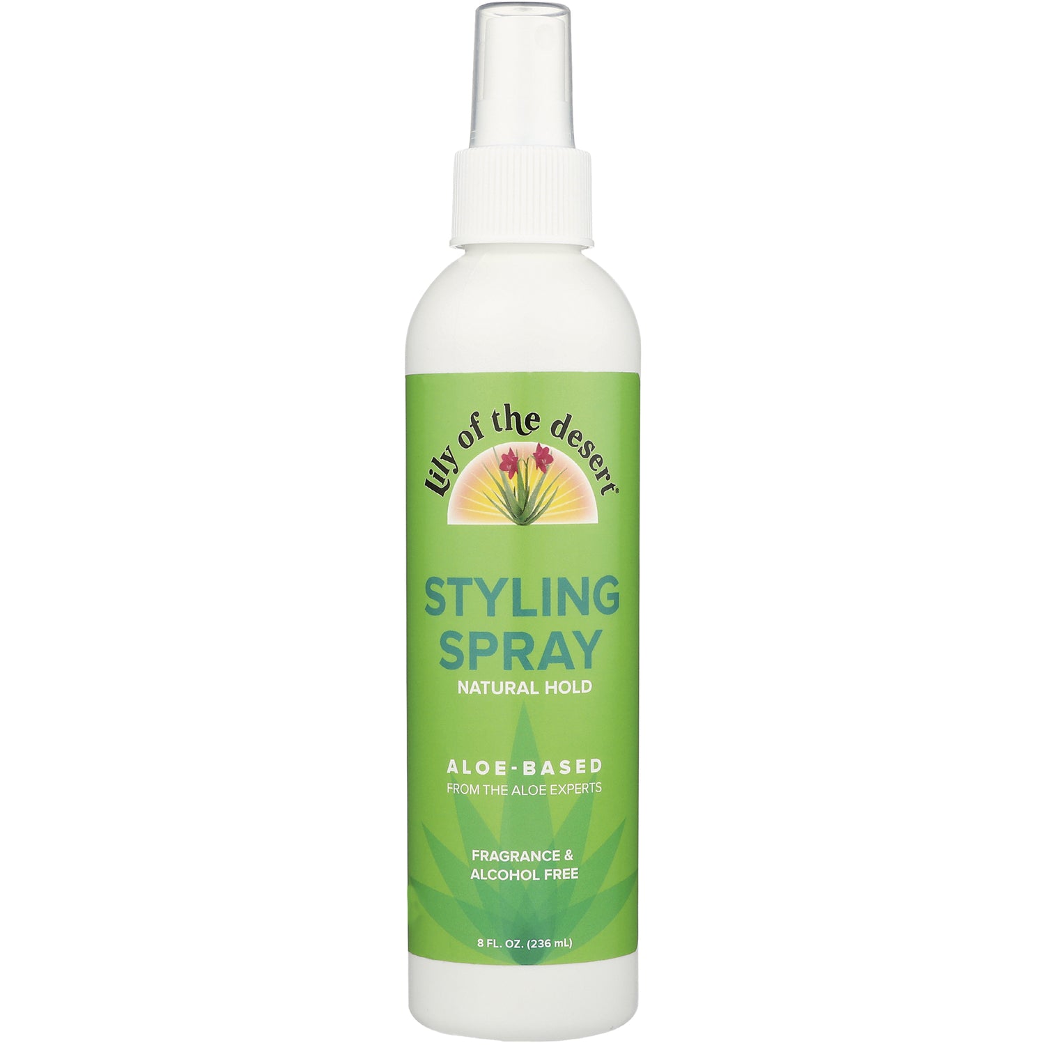 LIL009 | green bottle of Lily of the Desert styling spray, aloe-based natural hold, 8 fl oz