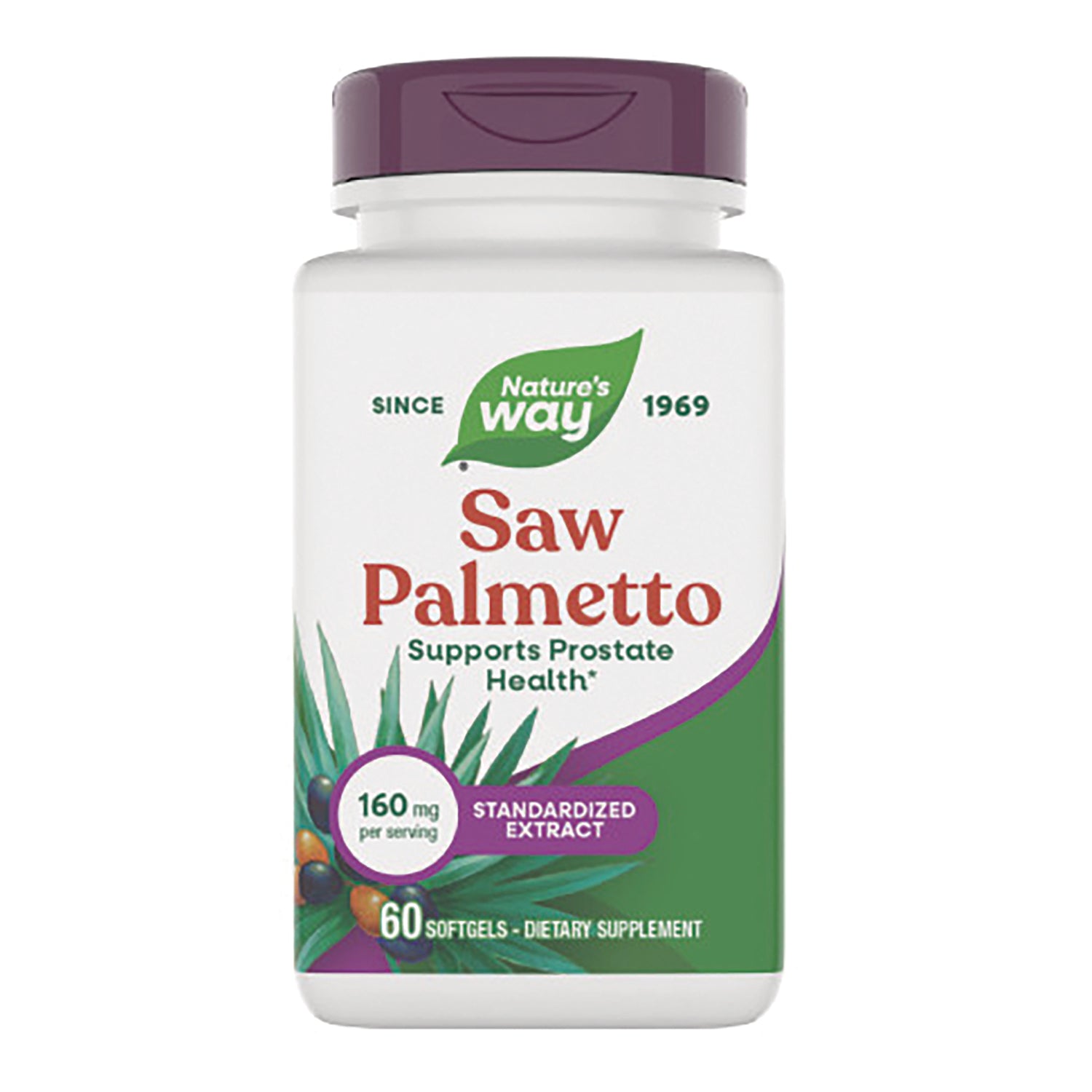 NW532 | Nature's Way Saw Palmetto supplement bottle front, 60 softgels, 160 mg standardized extract