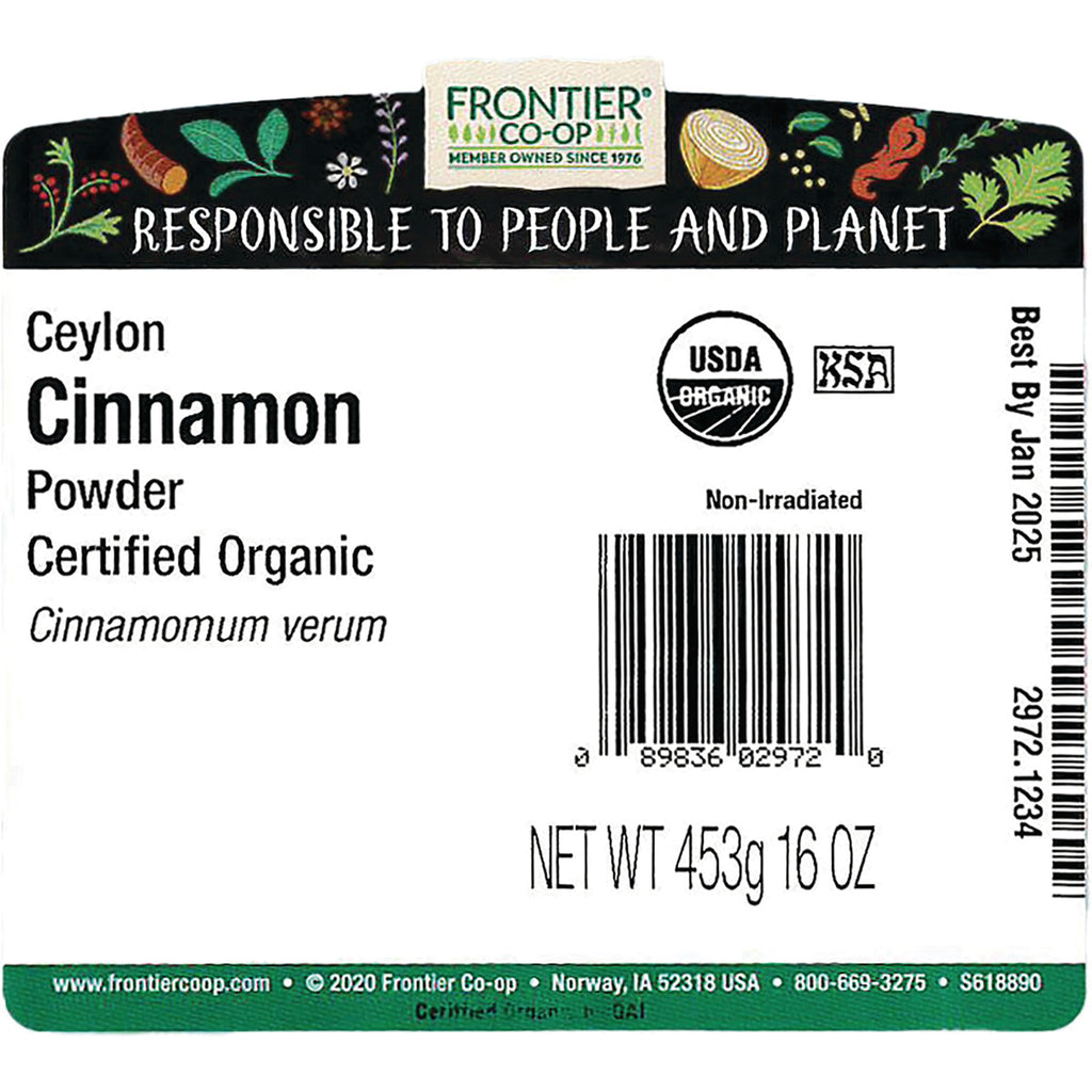 FNP063 | back label for Frontier Co-op Ceylon Cinnamon Powder certified organic with barcode, USDA organic seal and net wt 453g 16 OZ - Thumbnail