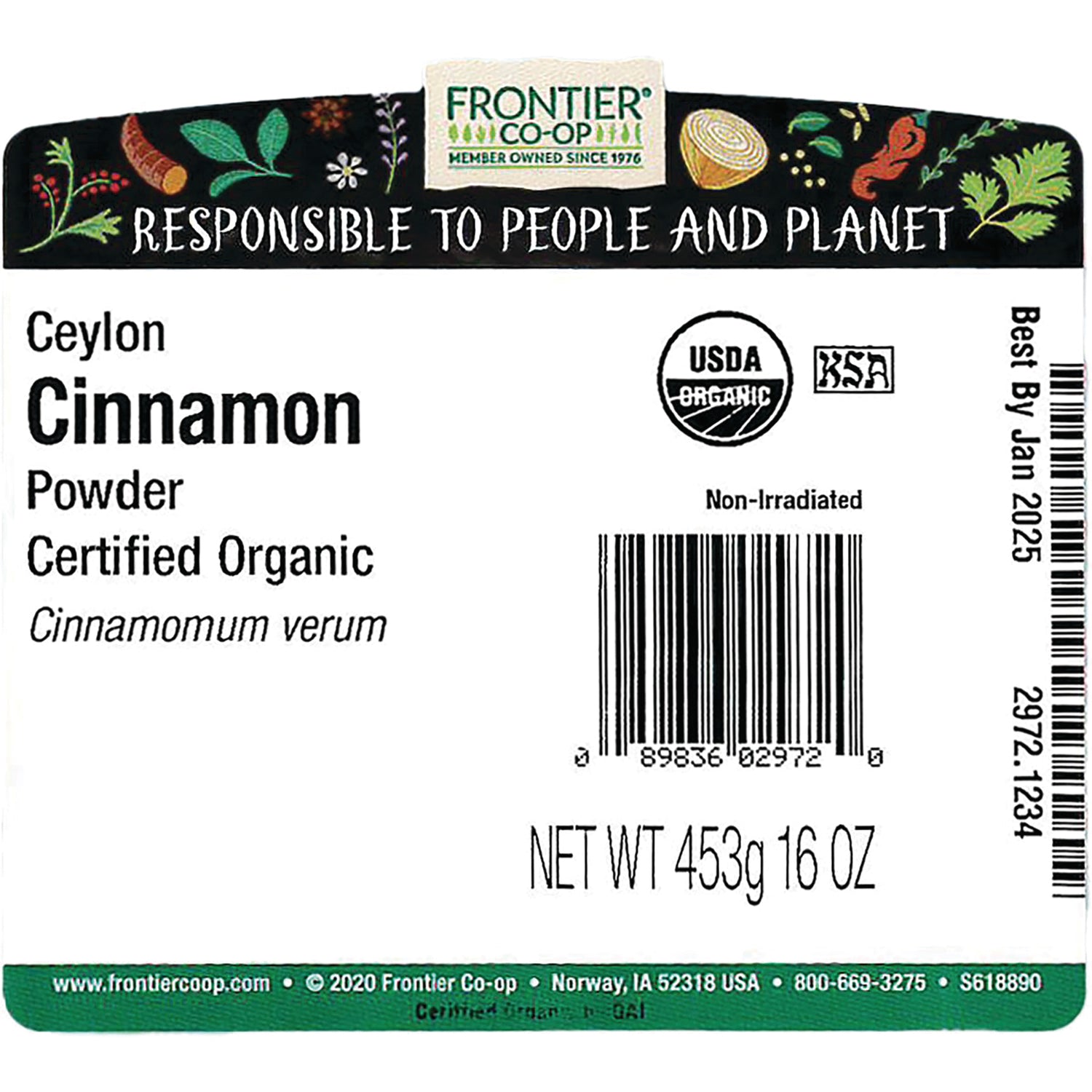 FNP063 | back label for Frontier Co-op Ceylon Cinnamon Powder certified organic with barcode, USDA organic seal and net wt 453g 16 OZ