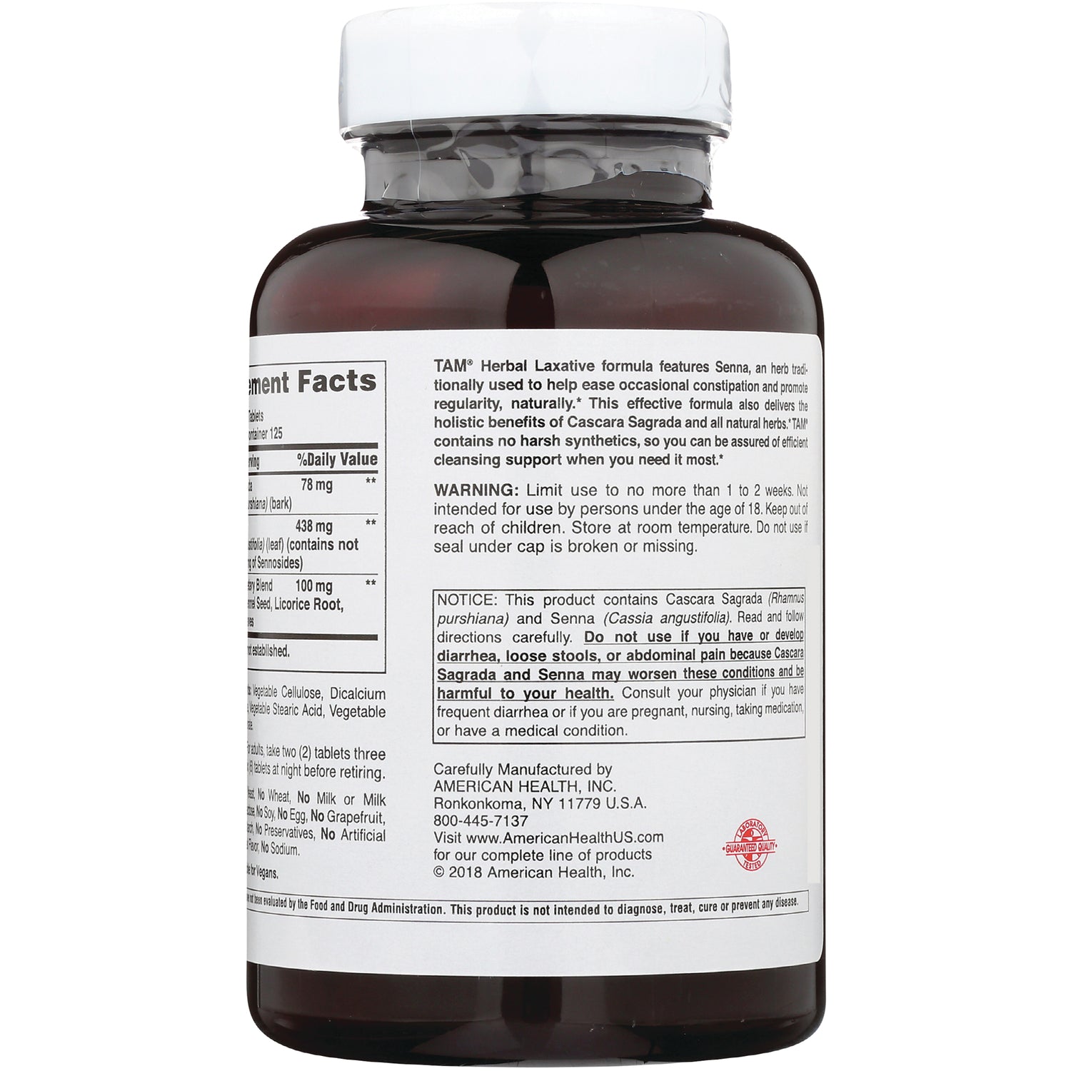 AM138 | Back label showing supplement facts, warnings, and manufacturer information for TAM Herbal Laxative
