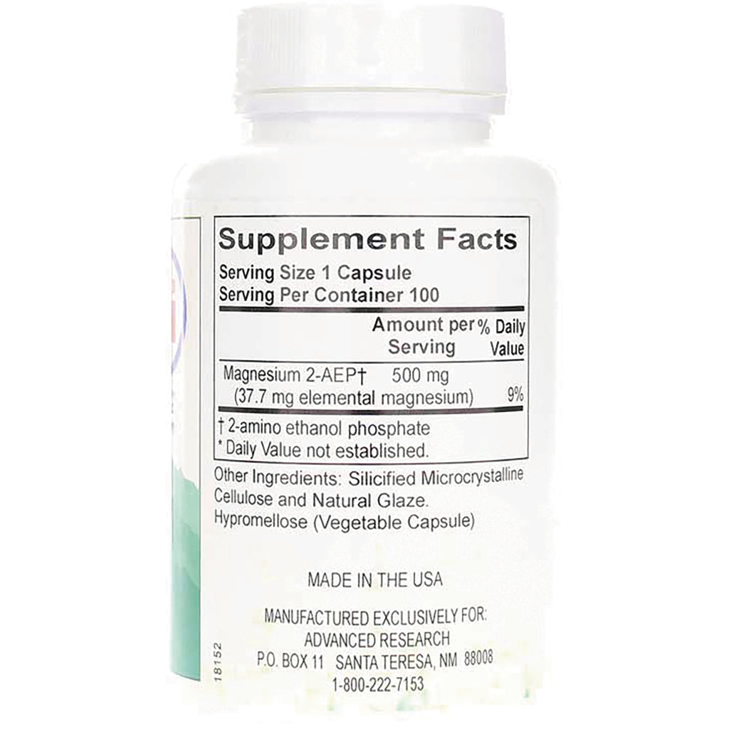 ADR018 | Back label Supplement Facts: Serving size 1 capsule, 100 servings; Magnesium 2-AEP+ 500 mg; Made in the USA - Thumbnail