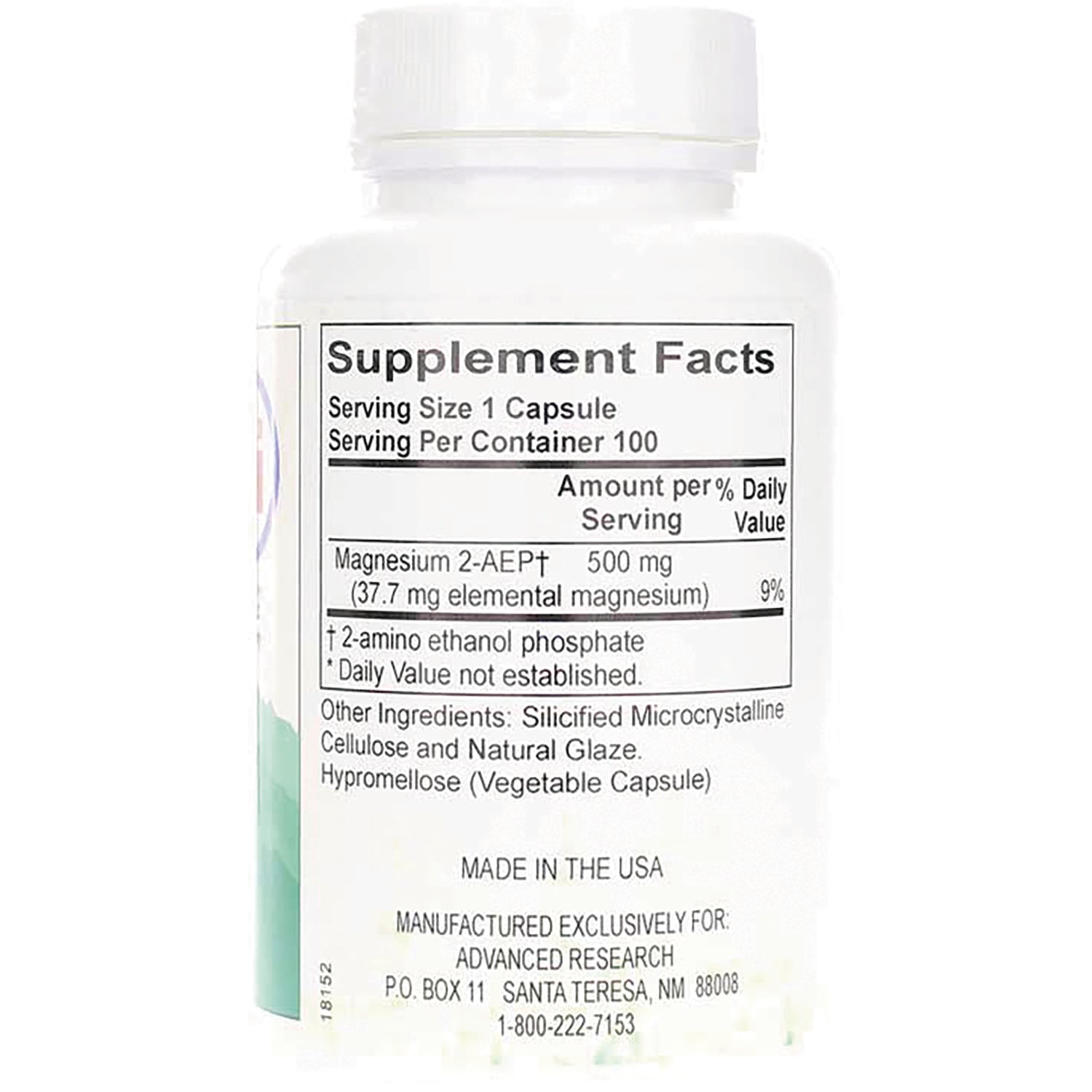 ADR018 | Back label Supplement Facts: Serving size 1 capsule, 100 servings; Magnesium 2-AEP+ 500 mg; Made in the USA