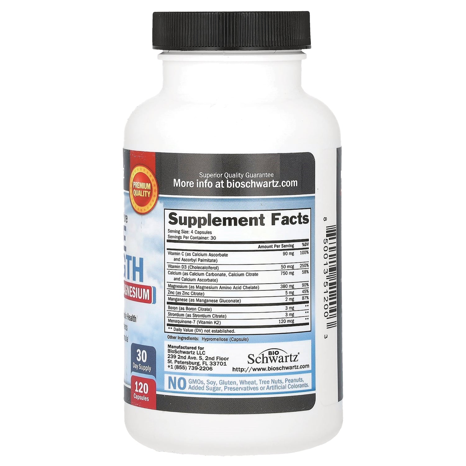 BSZ024 | Back of white supplement bottle showing Supplement Facts label, barcode, 120 capsules and BioSchwartz branding