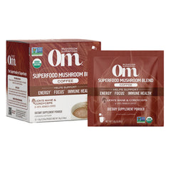 MMX035 | Om Superfood Mushroom Blend Coffee box and sachet, dietary supplement powder labeled energy, focus, immune health