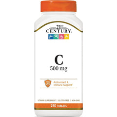 CNT175 | 21st Century Vitamin C 500 mg white bottle with orange cap, 250 tablets, Antioxidant & Immune Support