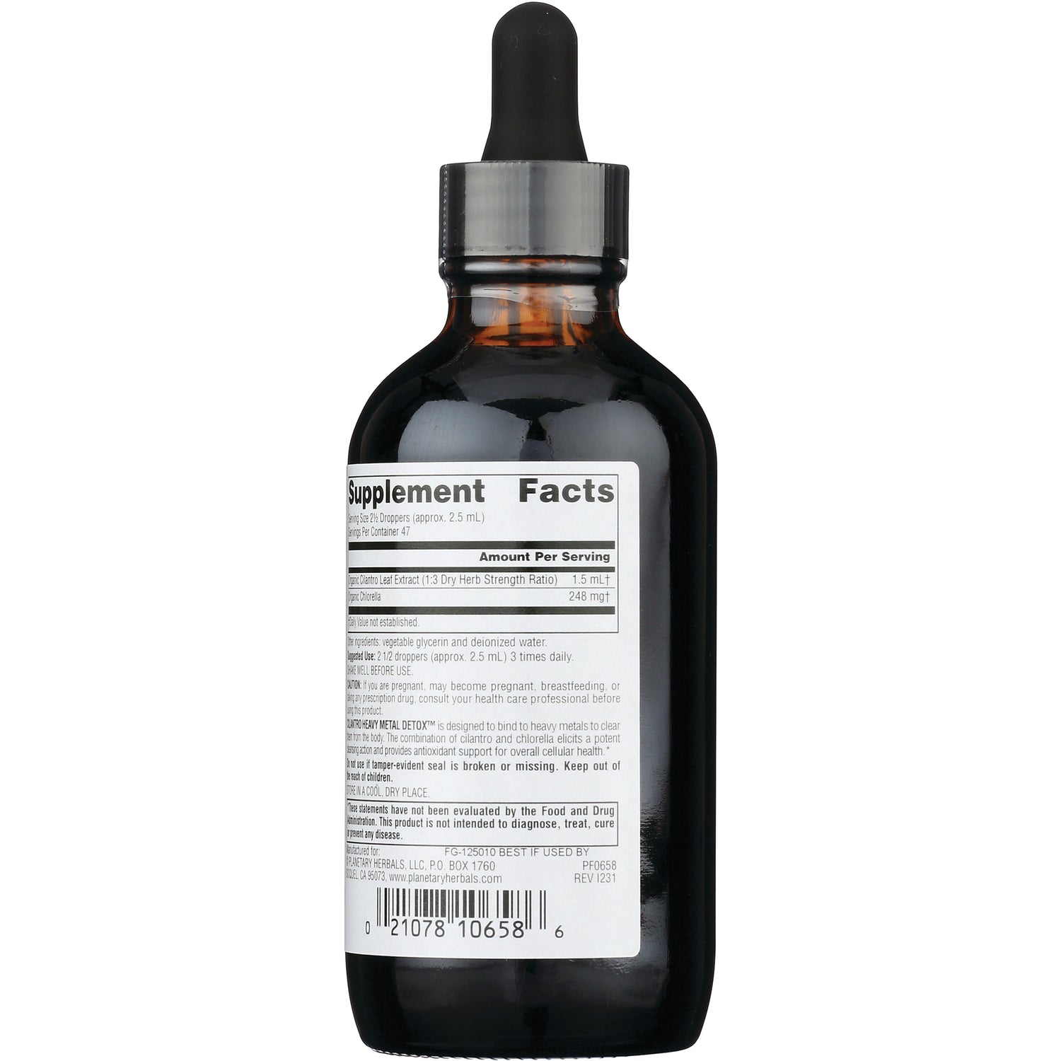 PF099 | Back of amber dropper bottle showing Supplement Facts label and barcode