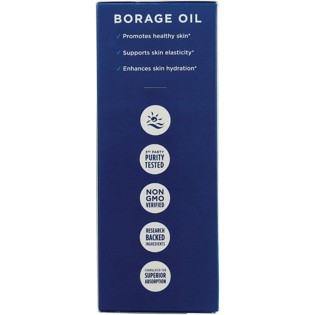 NRN058 | Borage oil product infographic panel with icons and claims: promotes healthy skin, supports elasticity, purity tested, non GMO verified - Thumbnail
