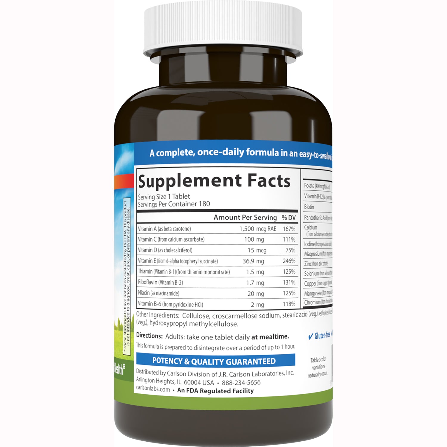 CSN200 | Back label showing Supplement Facts panel with serving size, ingredients and directions on a brown supplement bottle