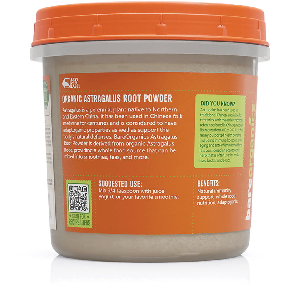 BOR041 | Back label of organic Astragalus root powder tub showing suggested use, benefits, did you know panel and QR code - Thumbnail