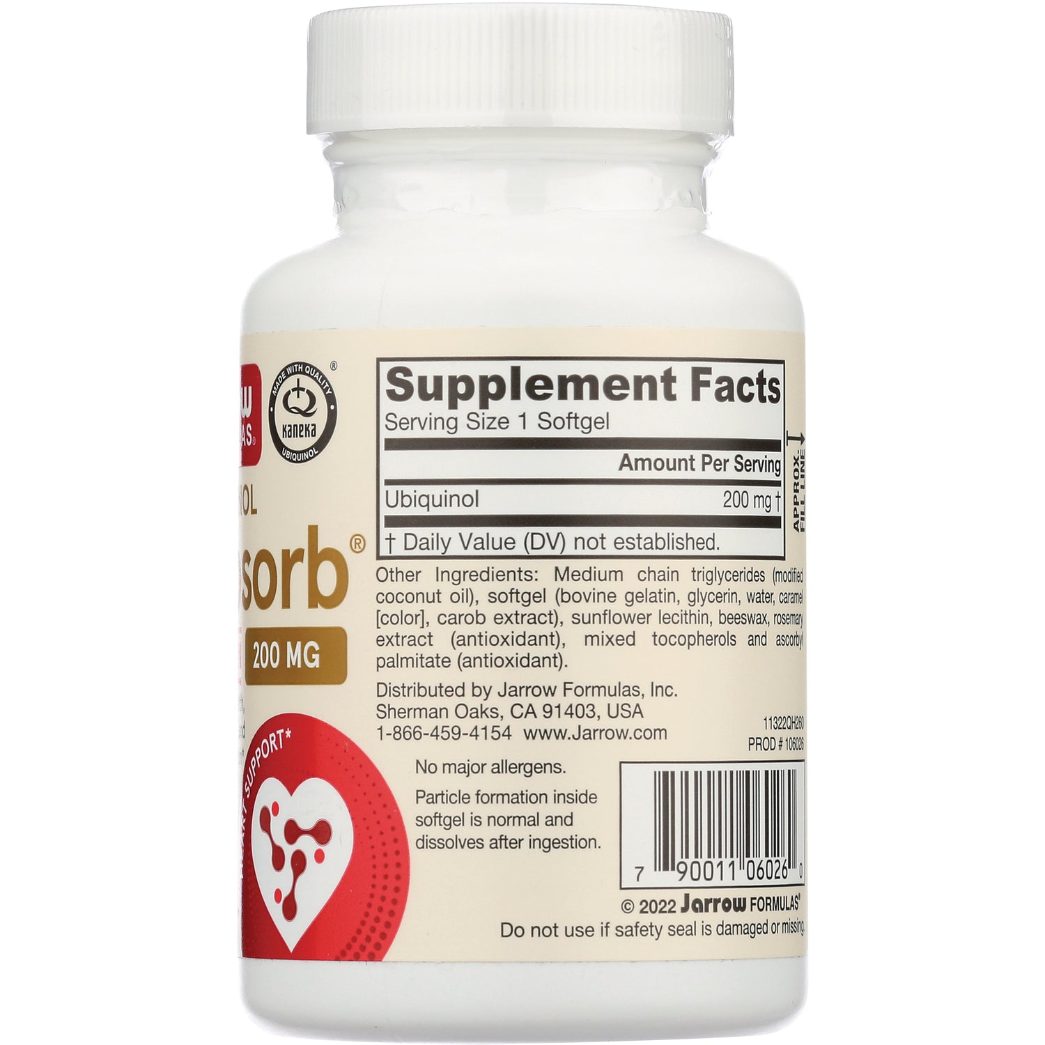 JR224 | Back label of white supplement bottle showing Supplement Facts panel, ubiquinol 200 mg, ingredients and barcode