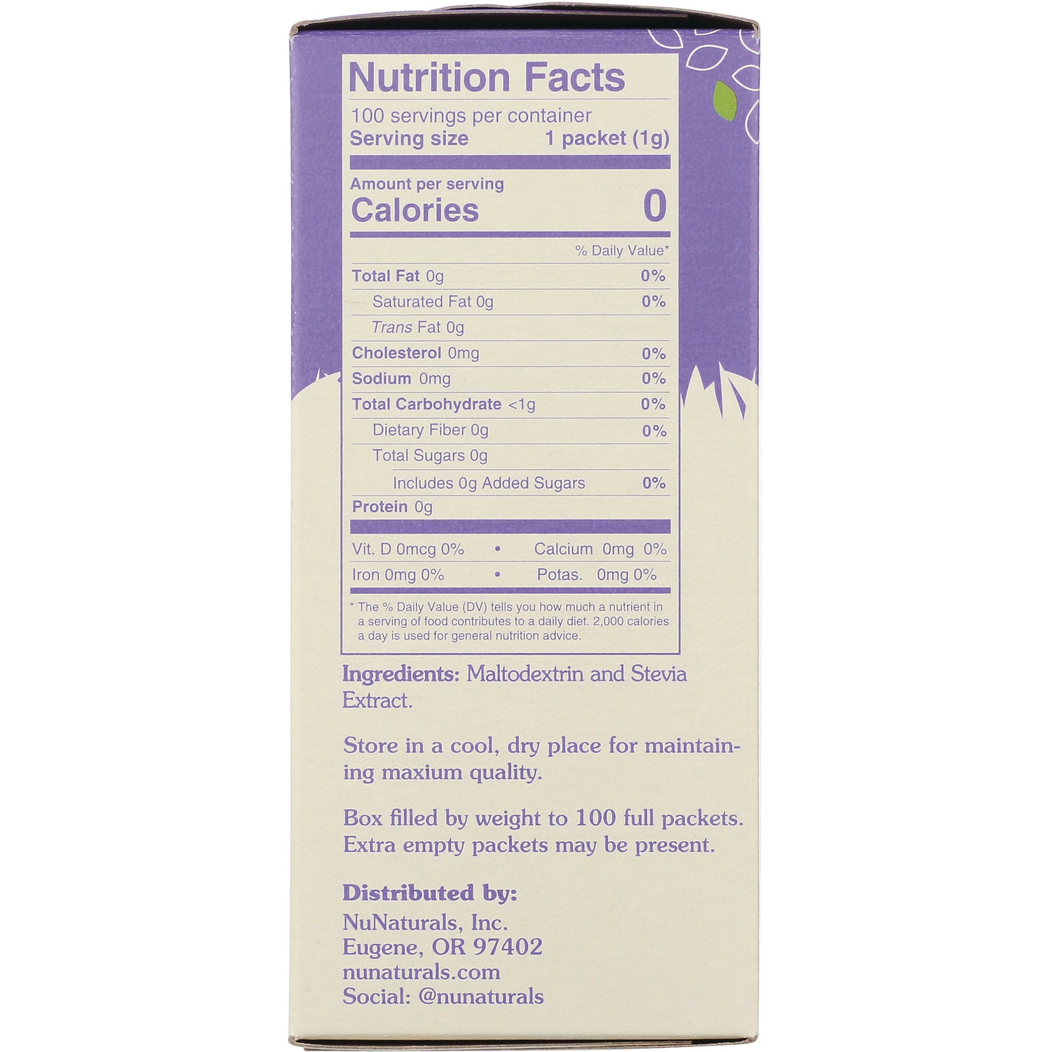 NN046 | Back panel with Nutrition Facts panel, ingredients list and distributor info for NuNaturals