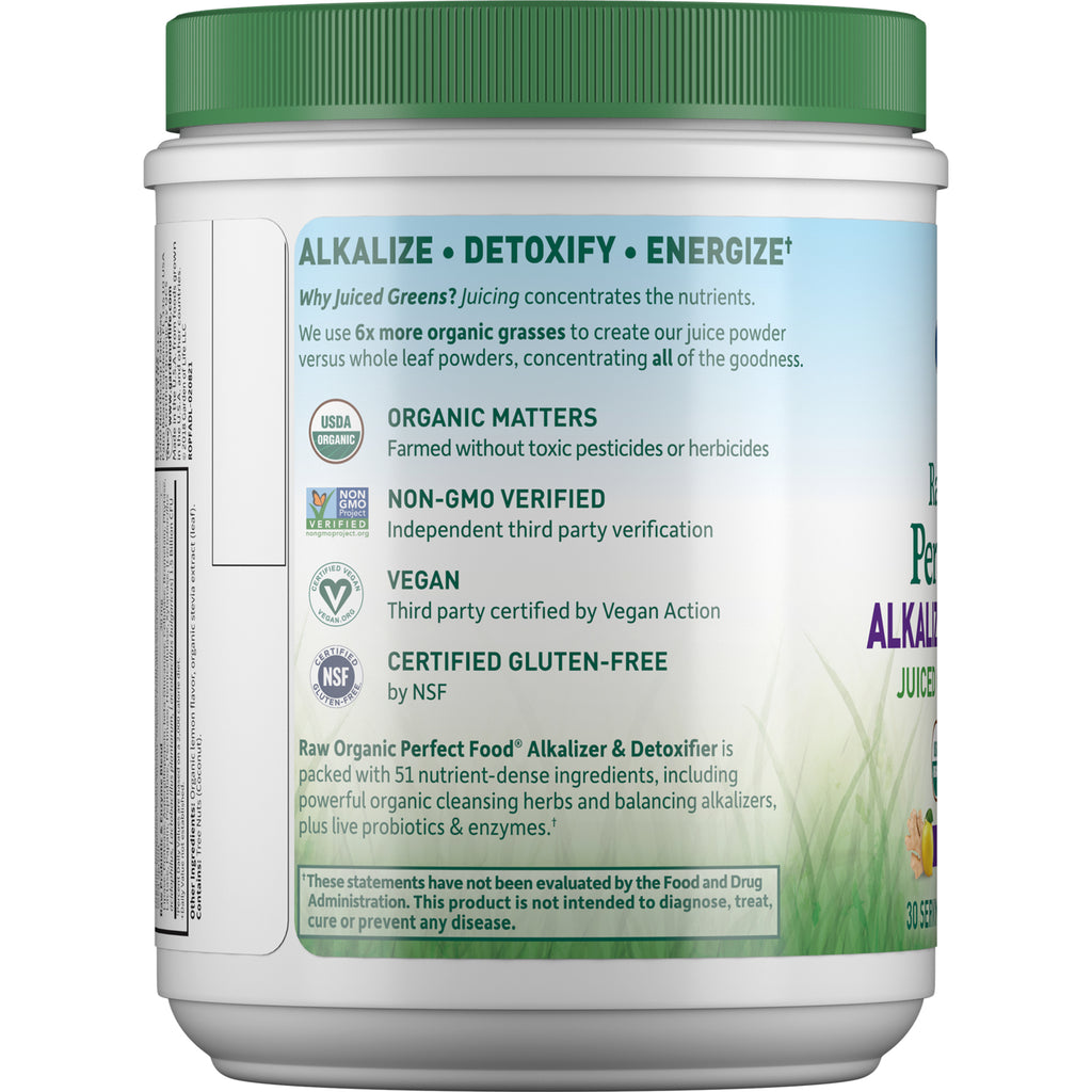 GLF169 | Back label showing ALKALIZE  DETOXIFY  ENERGIZE, USDA Organic, Non-GMO, vegan and gluten-free badges and small disclaimer - Thumbnail