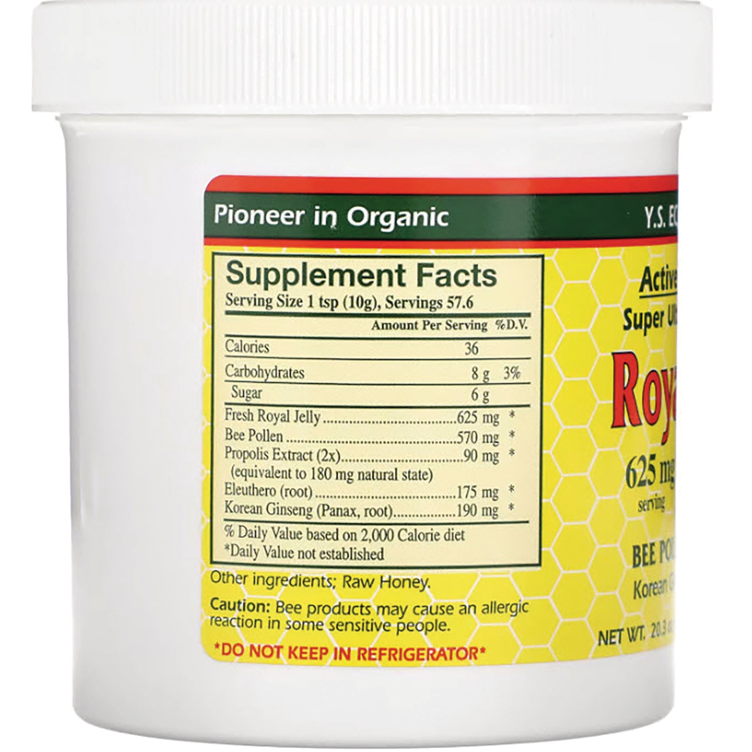 YS001 | Back label showing Supplement Facts and ingredients raw honey; warning Do Not Keep In Refrigerator