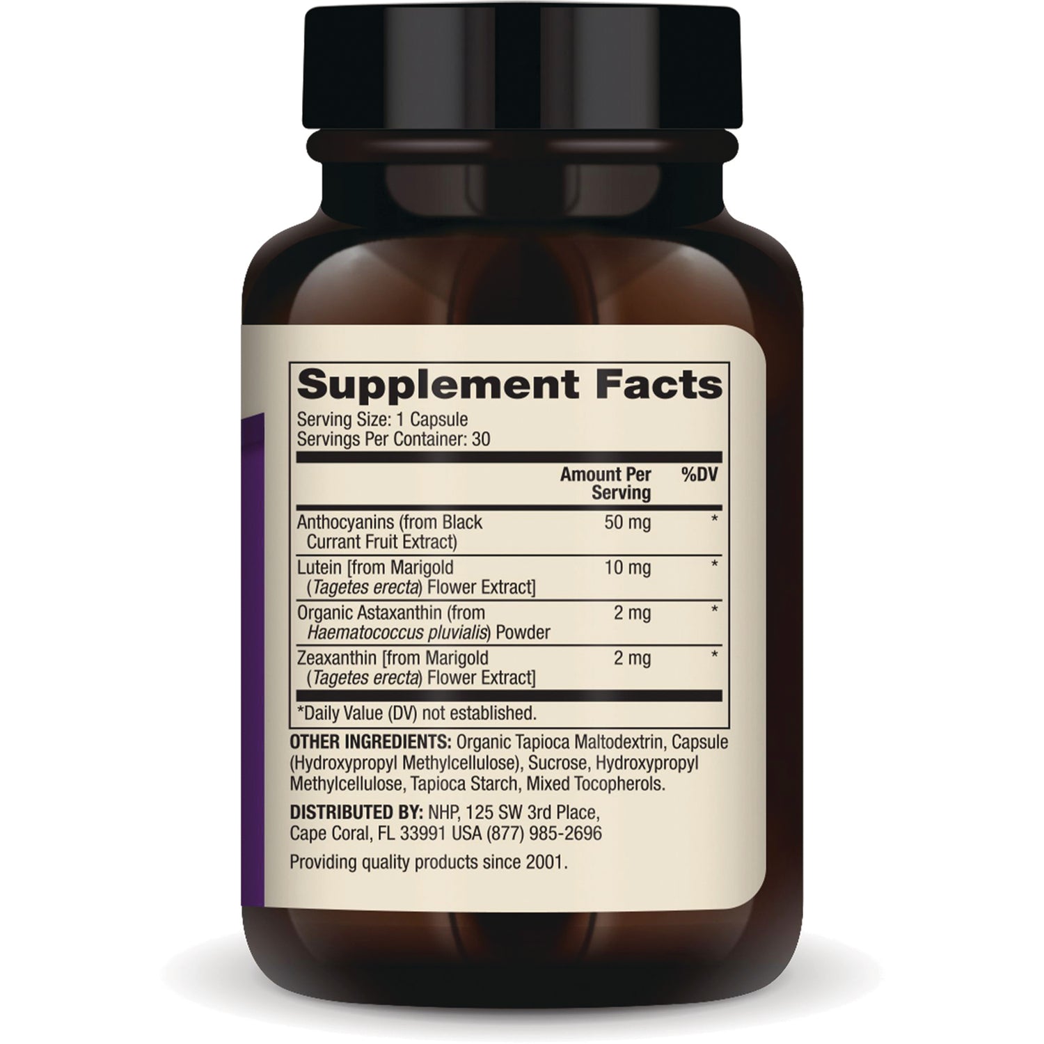MRC053 | Supplement Facts label on back of brown bottle showing serving size 1 capsule and ingredient amounts