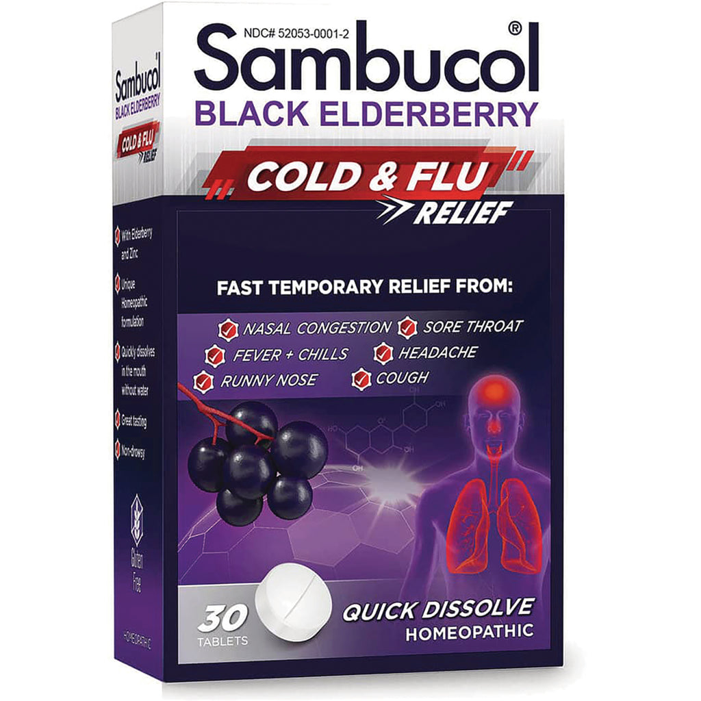 SMB008 | Sambucol Black Elderberry cold & flu relief 30 tablet quick dissolve homeopathic box front showing elderberries and respiratory graphic - Thumbnail