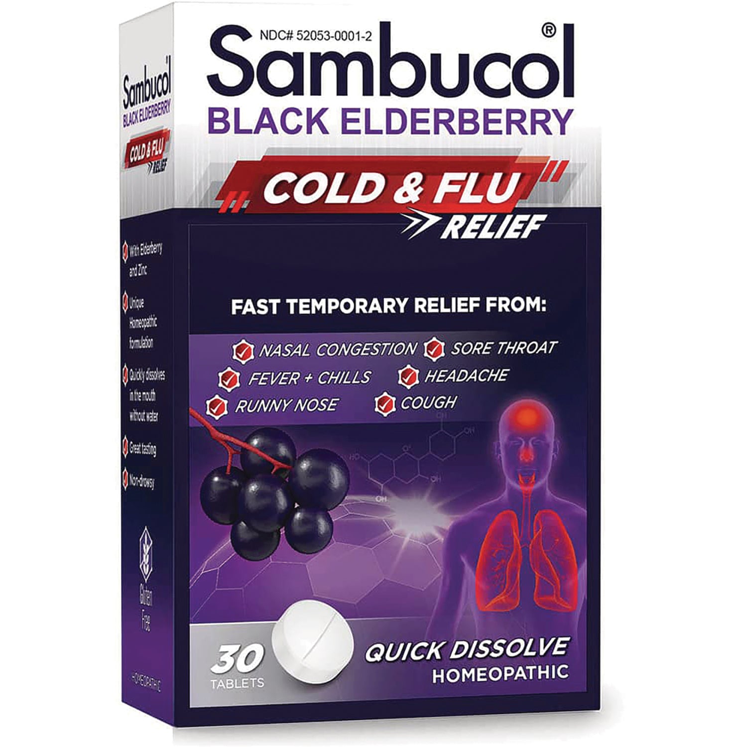 SMB008 | Sambucol Black Elderberry cold & flu relief 30 tablet quick dissolve homeopathic box front showing elderberries and respiratory graphic