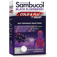 SMB008 | Sambucol Black Elderberry cold & flu relief 30 tablet quick dissolve homeopathic box front showing elderberries and respiratory graphic