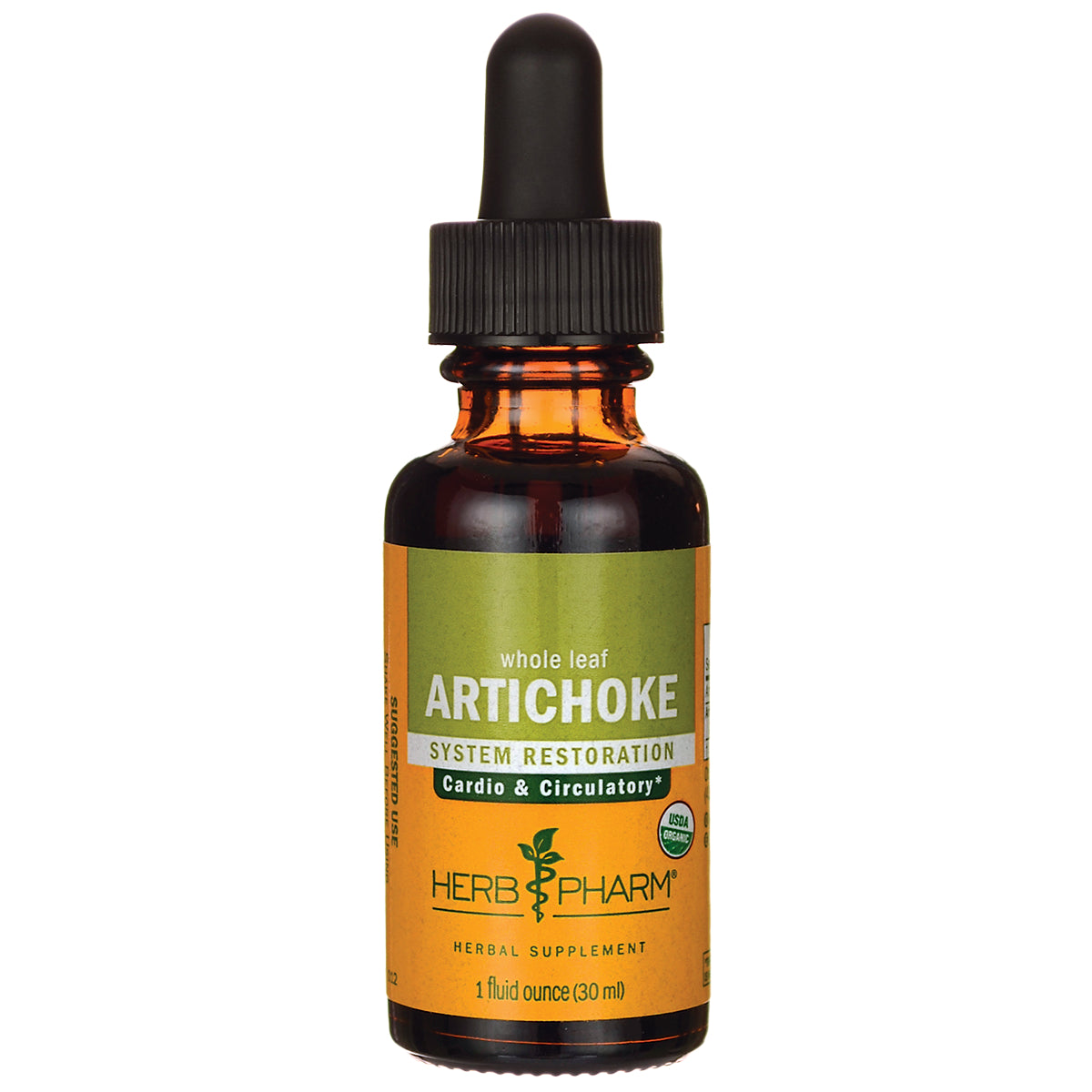 HPH074 | Amber dropper bottle labeled ARTICHOKE whole leaf system restoration Herb Pharm 1 fluid ounce