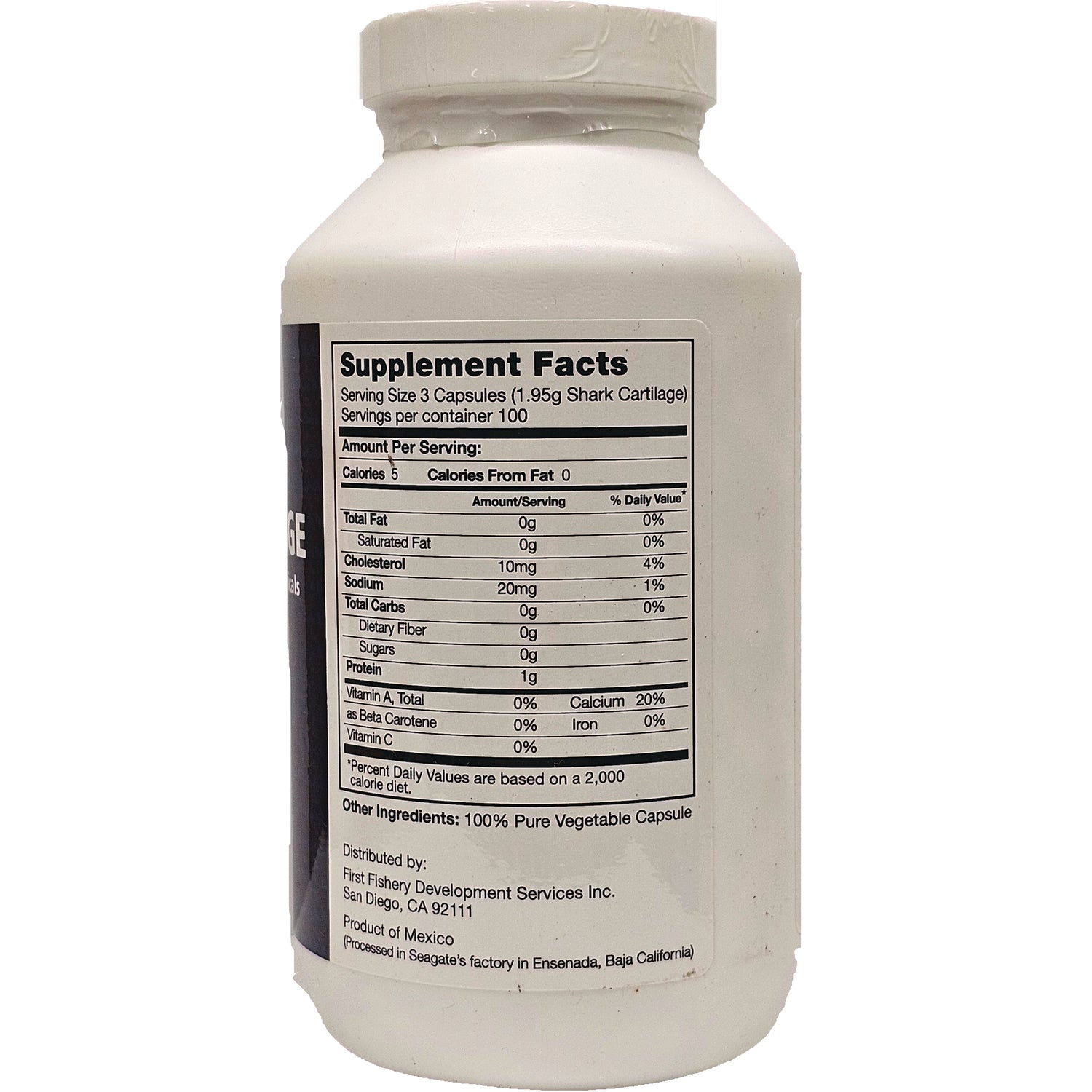 SEG009 | back of white supplement bottle showing Supplement Facts panel with serving size 3 capsules and nutrition facts