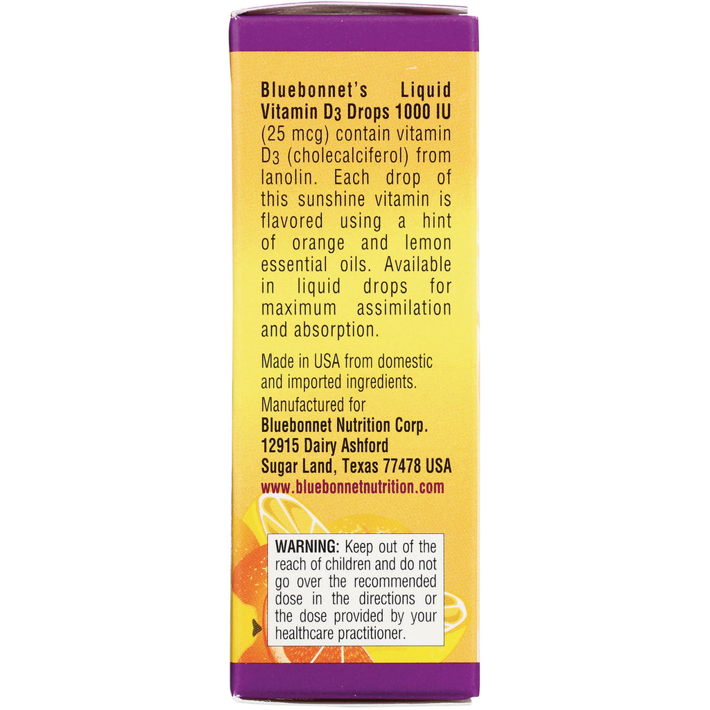 BLU096 | Bluebonnet's Liquid Vitamin D3 Drops 1000 IU back panel showing product description, manufacturer address and warning - Thumbnail