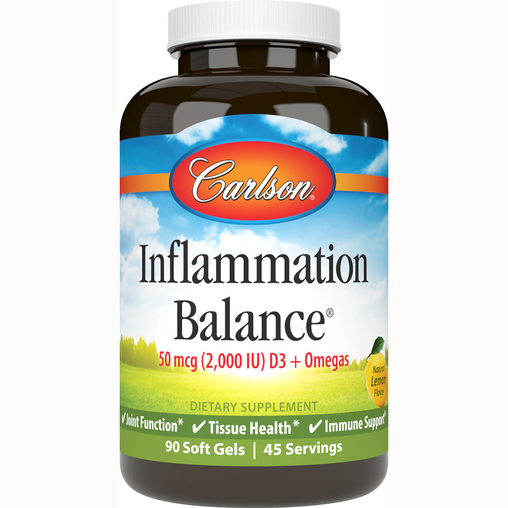 CSN159 | Carlson Inflammation Balance supplement bottle front labeled 50 mcg (2,000 IU) D3 + Omegas, 90 soft gels, lemon flavor - Thumbnail