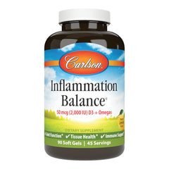 CSN159 | Carlson Inflammation Balance supplement bottle front labeled 50 mcg (2,000 IU) D3 + Omegas, 90 soft gels, lemon flavor