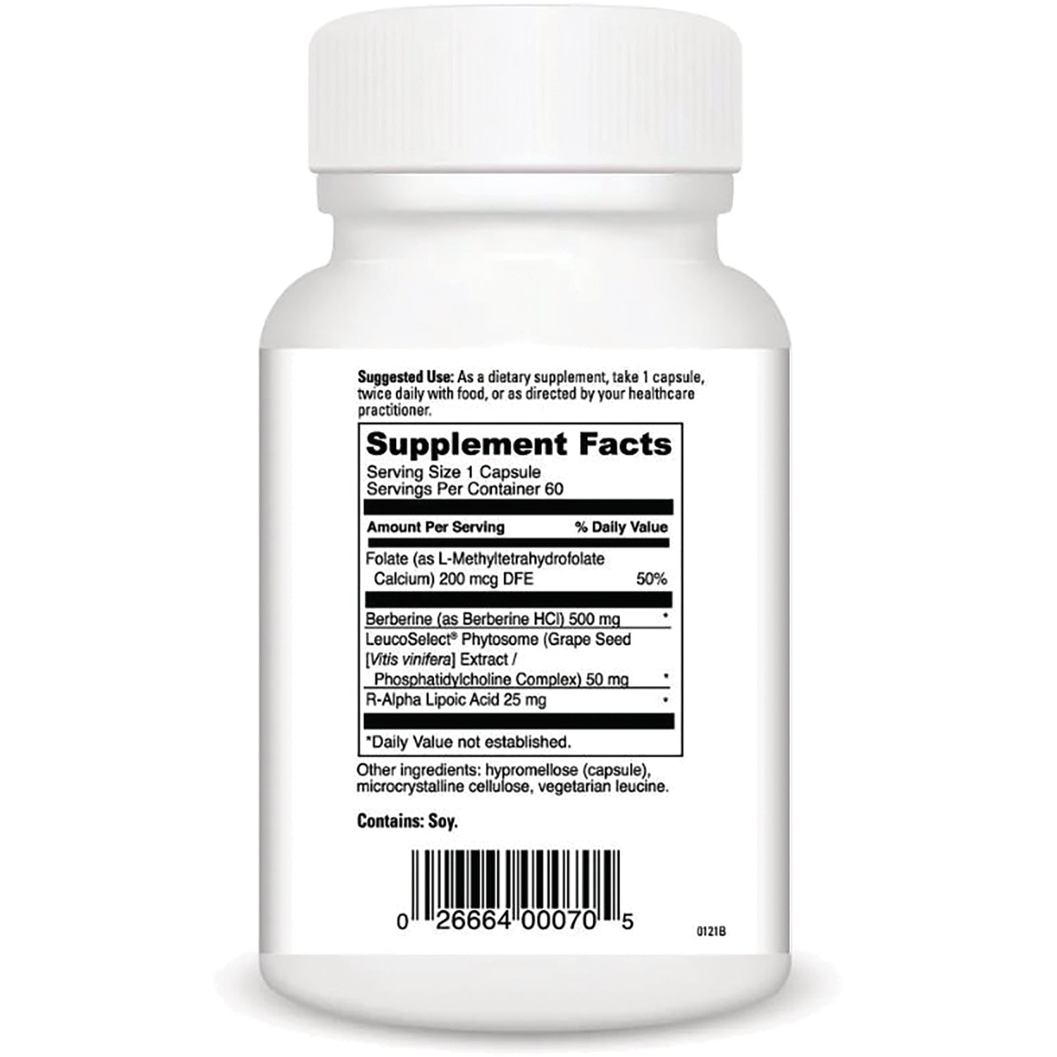 DVL031 | Back of white supplement bottle showing Supplement Facts label, ingredient list, contains Soy, and barcode