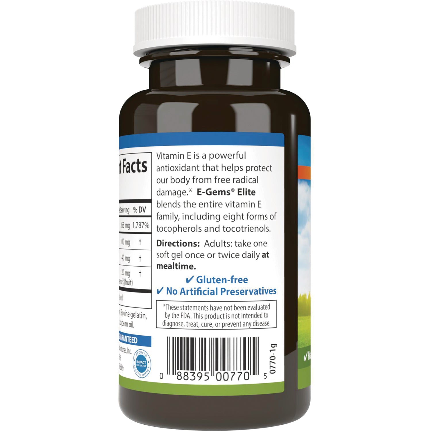 CSN109 | Back label of brown supplement bottle showing directions, gluten-free claim, nutrition facts and barcode