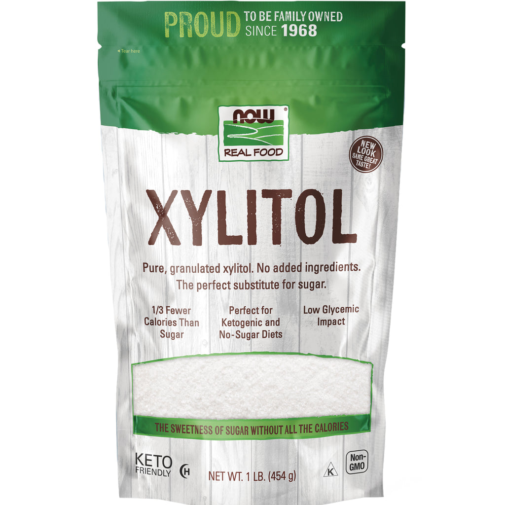 NWF161 | NOW Real Food Xylitol front pouch with visible XYLITOL label, window of granulated sweetener, net wt 1 lb (454 g) - Thumbnail
