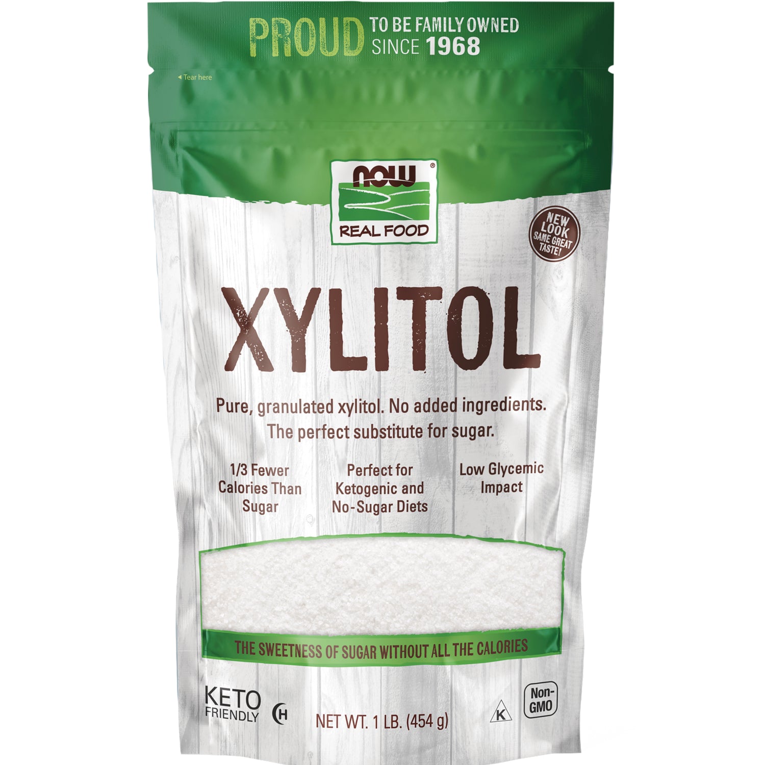NWF161 | NOW Real Food Xylitol front pouch with visible XYLITOL label, window of granulated sweetener, net wt 1 lb (454 g)