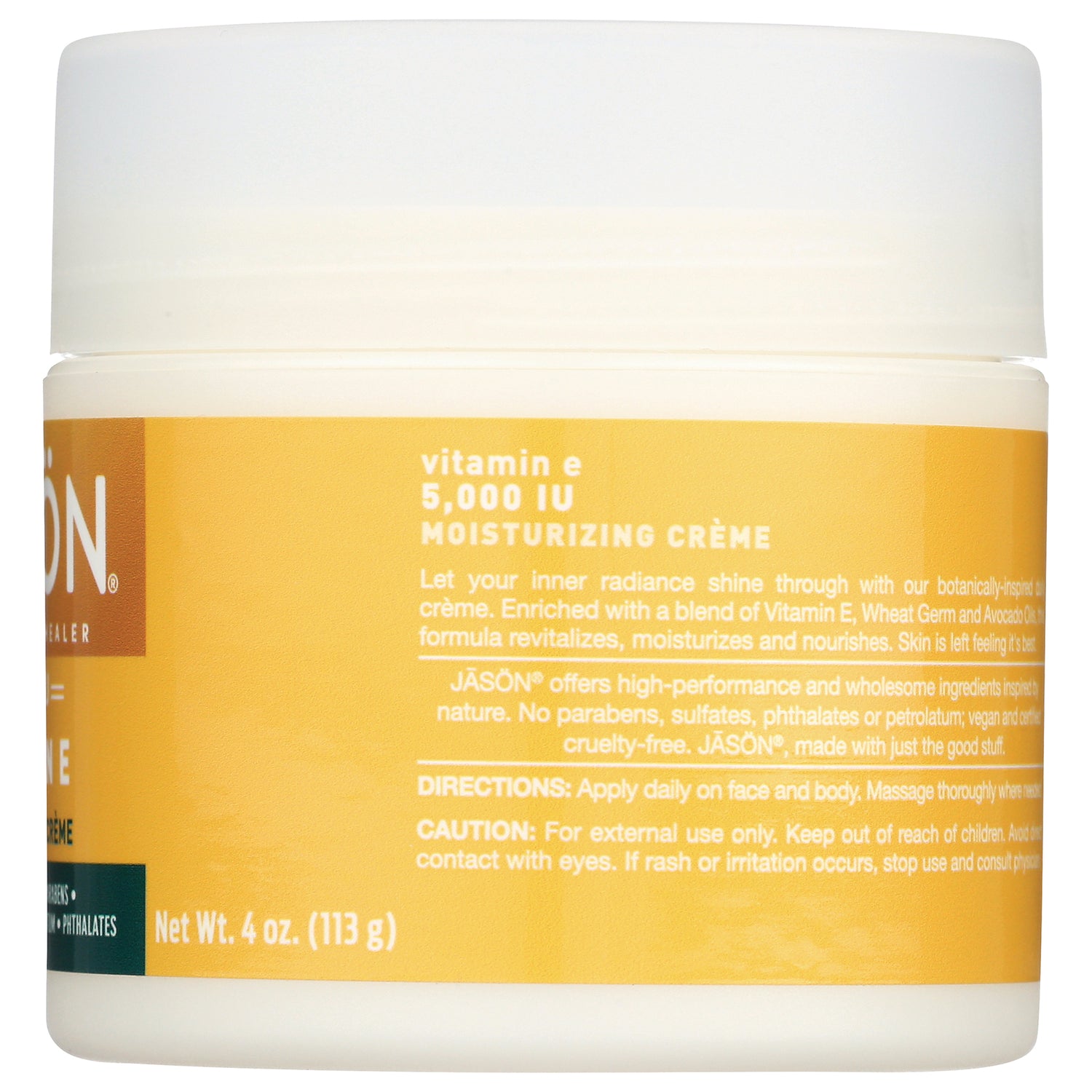 JC128 | Back label of yellow vitamin E 5,000 IU moisturizing crme jar showing directions, caution and Net Wt. 4 oz (113 g)