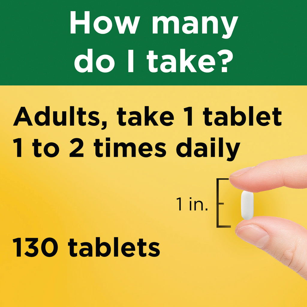 NTM161 | Dosage panel reading Adults, take 1 tablet 1 to 2 times daily; 130 tablets, hand holding tablet with 1 in size mark - Thumbnail