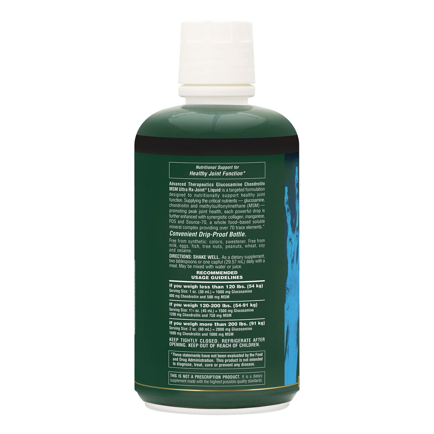 NTP184 | Back label of green liquid supplement bottle with joint support directions and usage guidelines