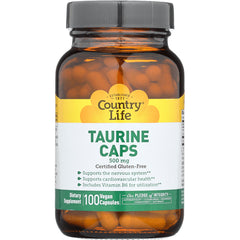 CRL302 | Country Life Taurine Caps 500 mg amber bottle with white label showing 100 vegan capsules
