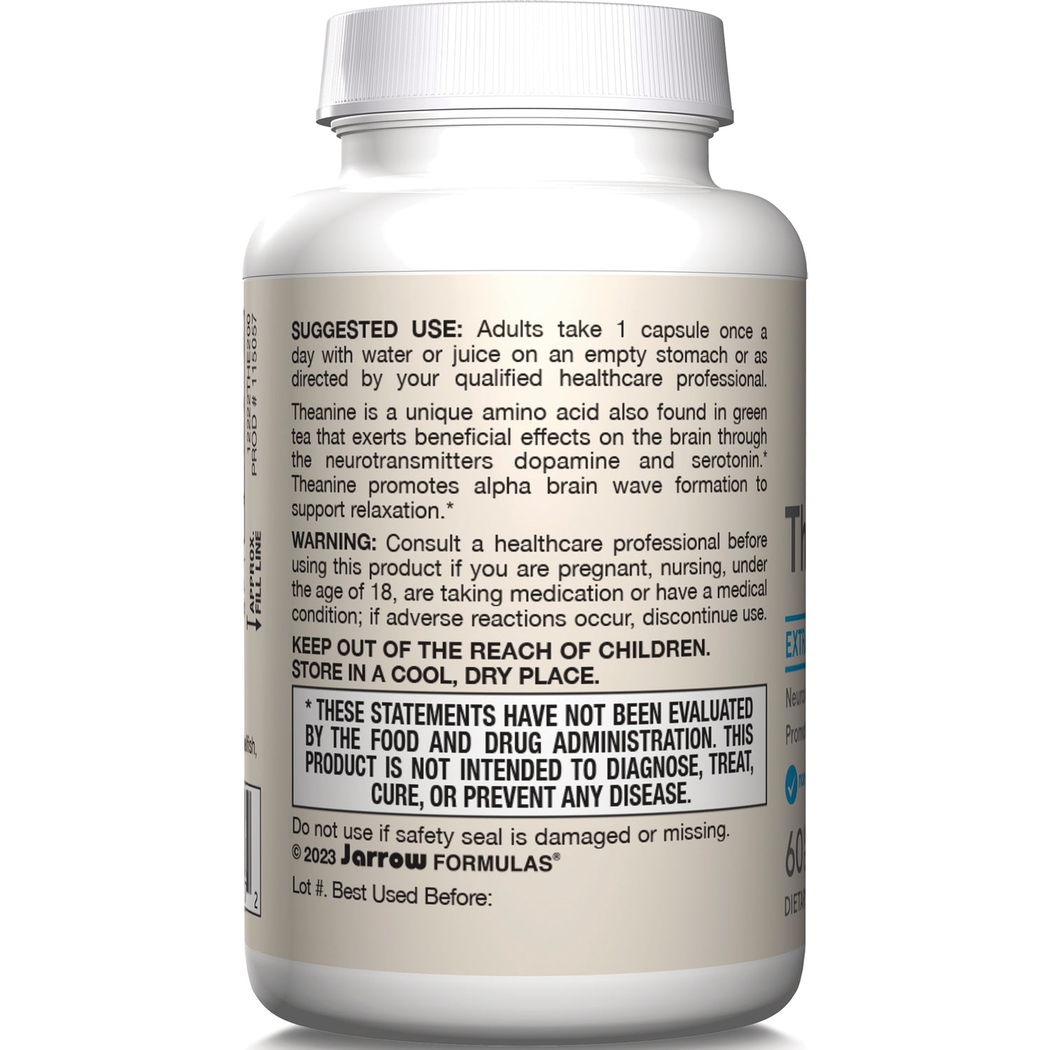 JR331 | back label of white supplement bottle showing suggested use, warning, and FDA disclaimer