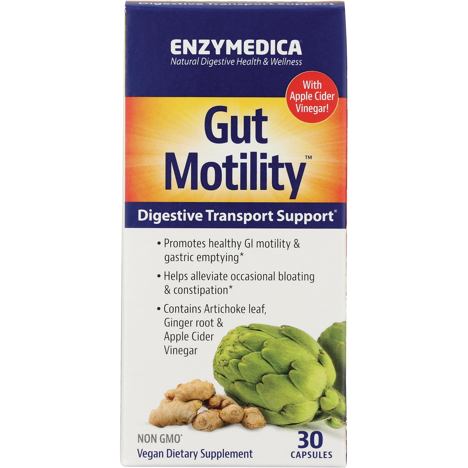 EMD091 | ENZYMEDICA Gut Motility box, digestive transport support, artichoke and ginger images, 30 capsules, with apple cider vinegar