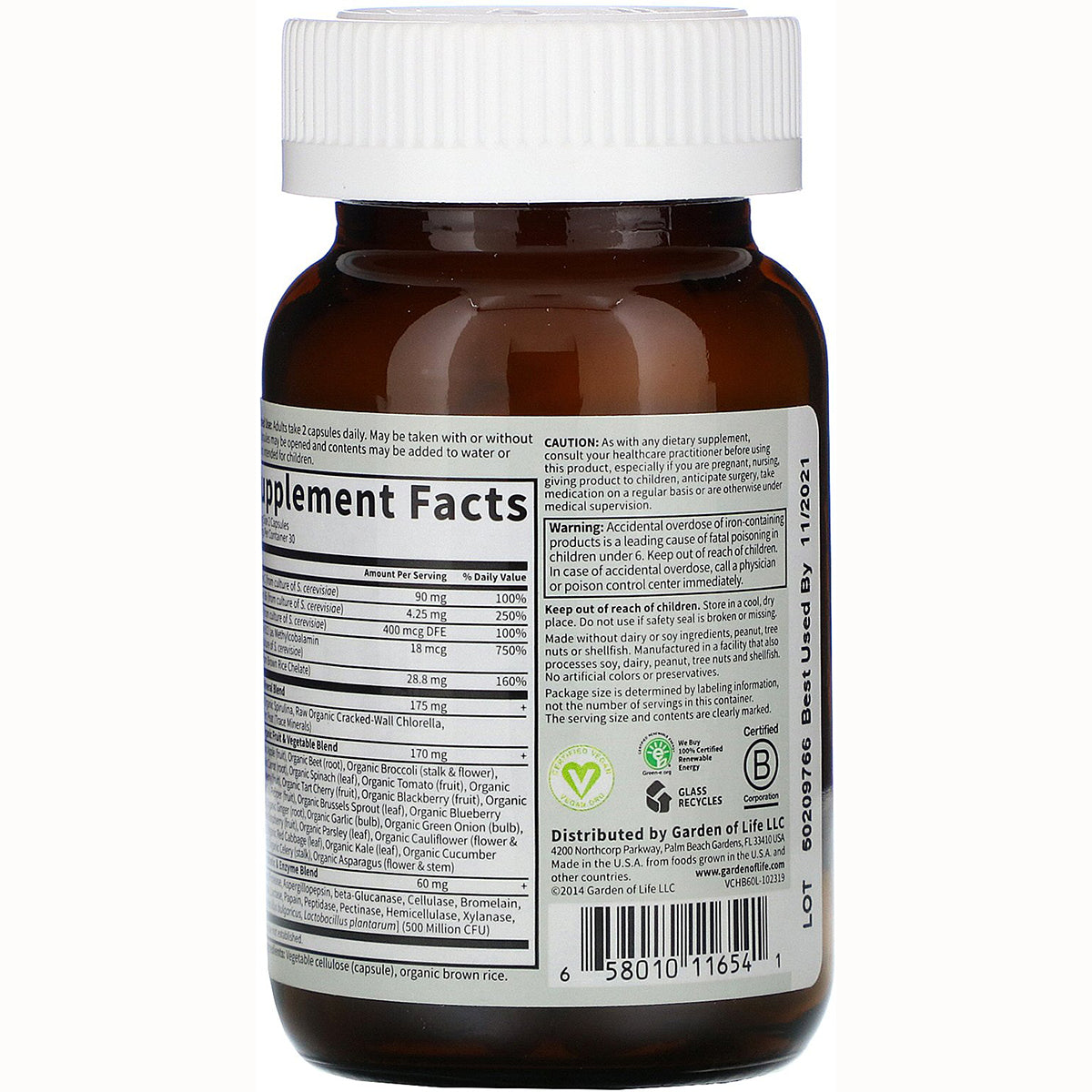 GLF149 | back of brown supplement bottle showing Supplement Facts label, barcode, warnings and certification icons