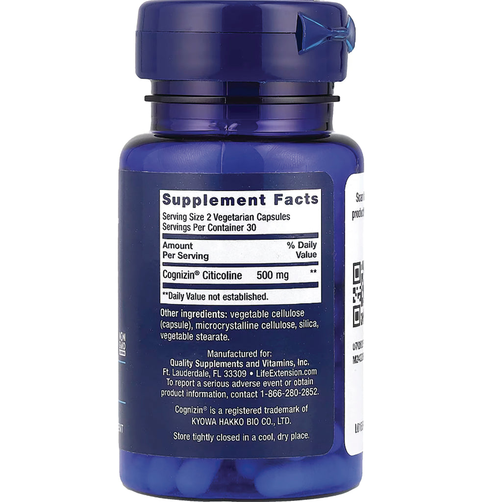 LE580 | back of blue supplement bottle with Supplement Facts listing Cognizin Citicoline 500 mg and ingredients - Thumbnail