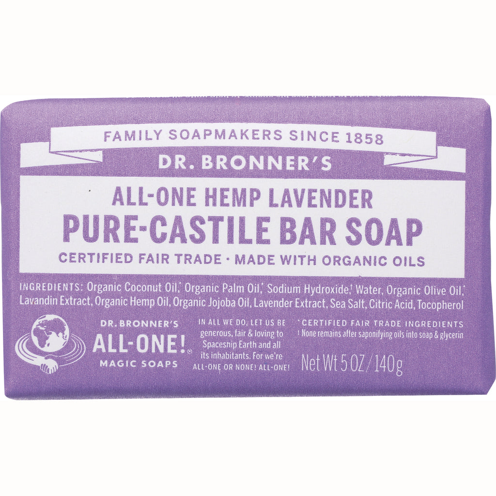 DRB003 | Dr. Bronner's All-One Hemp Lavender Pure-Castile bar soap front packaging with purple label - Thumbnail
