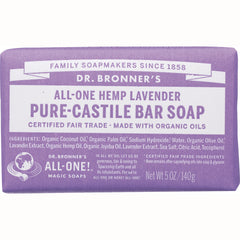 DRB003 | Dr. Bronner's All-One Hemp Lavender Pure-Castile bar soap front packaging with purple label