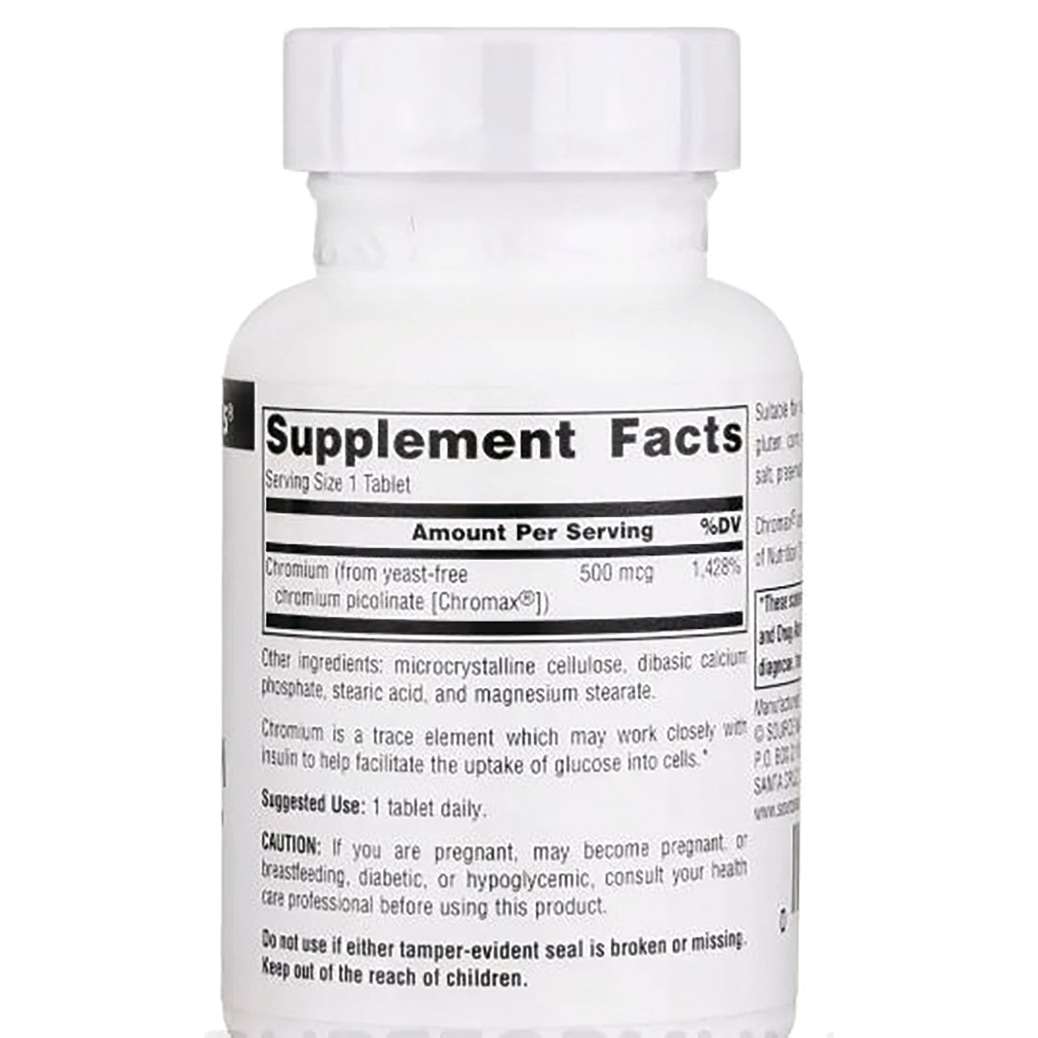 SN267 | Back label with Supplement Facts for Chromium 500 mcg tablets